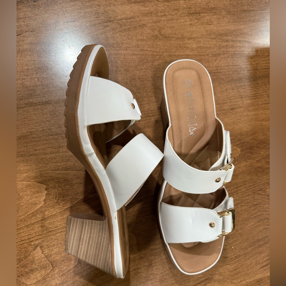 Cream/white Sandals with Tan Wooden Heel